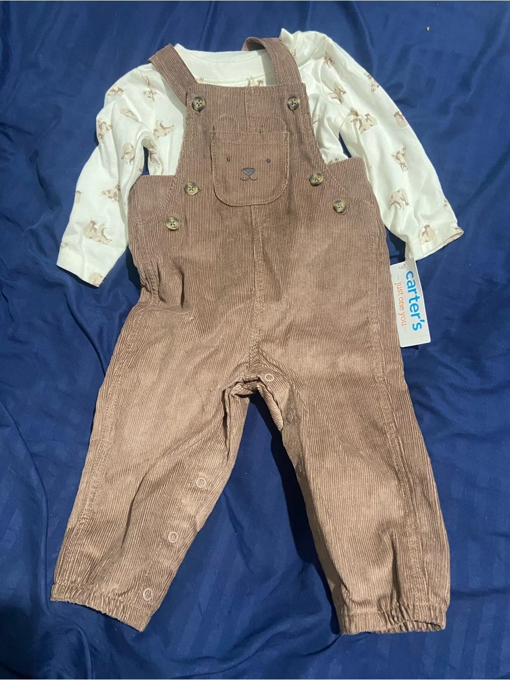 Carter's Brown Corduroy Bear Face Overalls with Cream Bodysuit
